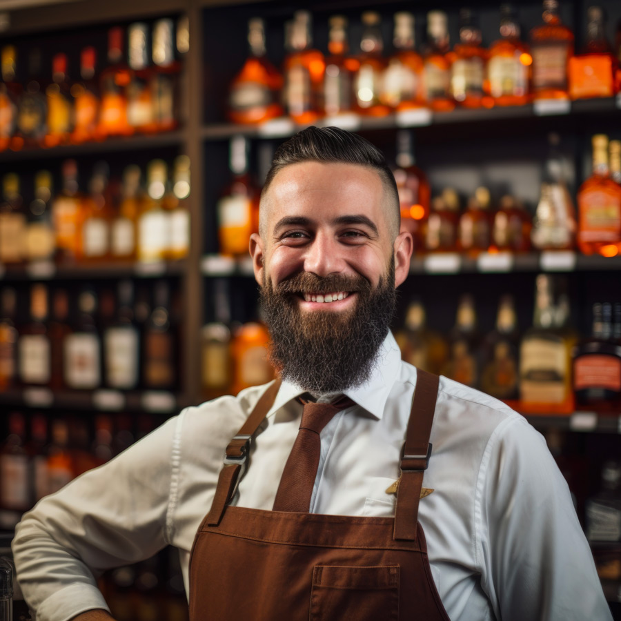 un caviste barbu et souriant porte fièrement un tablier marron